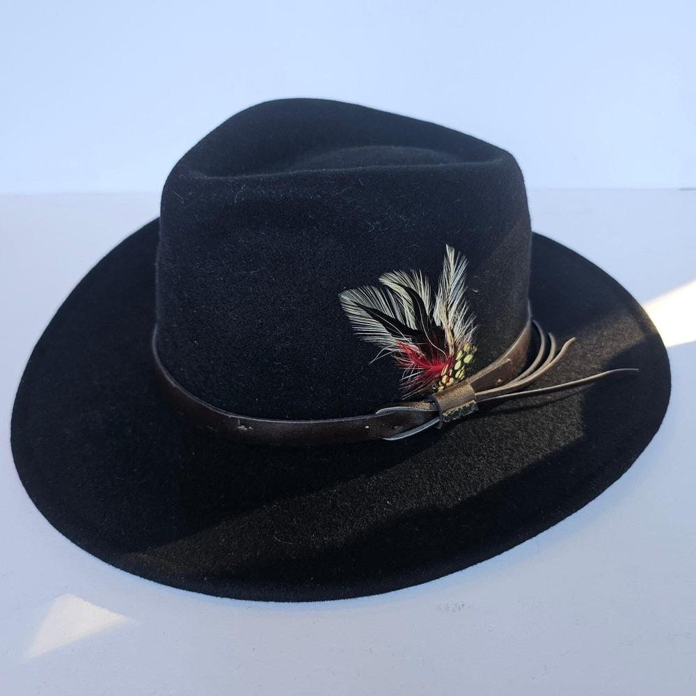 Scala Classic Black Wool Felt Fedora Hat Leather Band Feather Accent Sz7 Outback